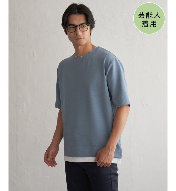 ikka「冷感DRYリップル5分袖Tシャツ」|Tシャツ・カットソー|サックスブルー