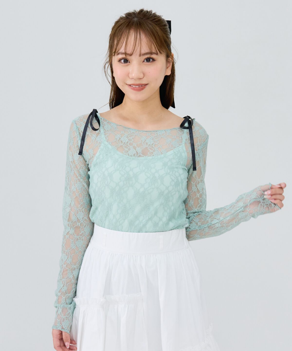 REDYAZEL「サテンリボンショルダーレーストップス」|Tシャツ・カットソー|ブルー