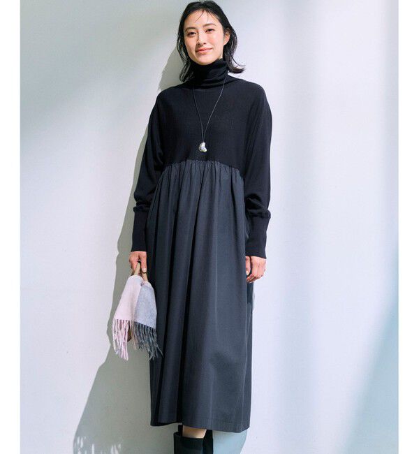 23区「【洗える】ギャザーコンビ ニットワンピース」|ワンピース|ネイビー系