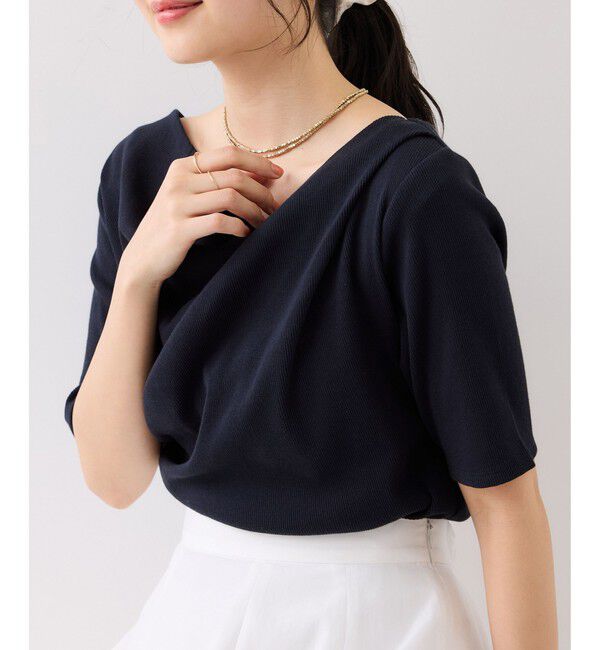 VIS「【夏トク価格】ドット＆無地テレコリブハーフスリーブドレーププルオーバー」|Tシャツ・カットソー|