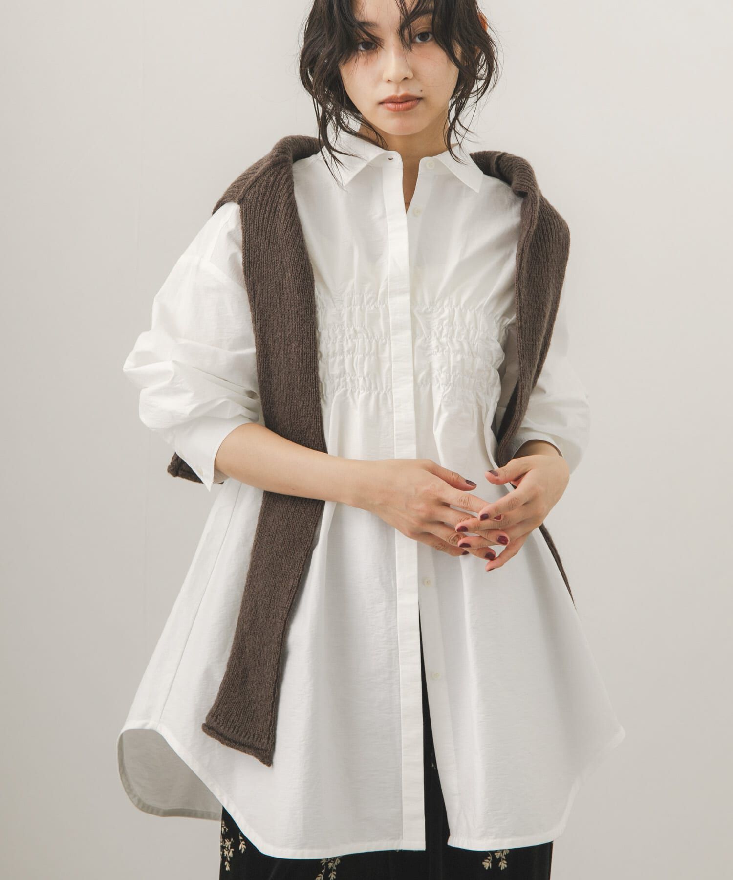  「フロントシャーリングシャツワンピース」|ワンピース|オフホワイト