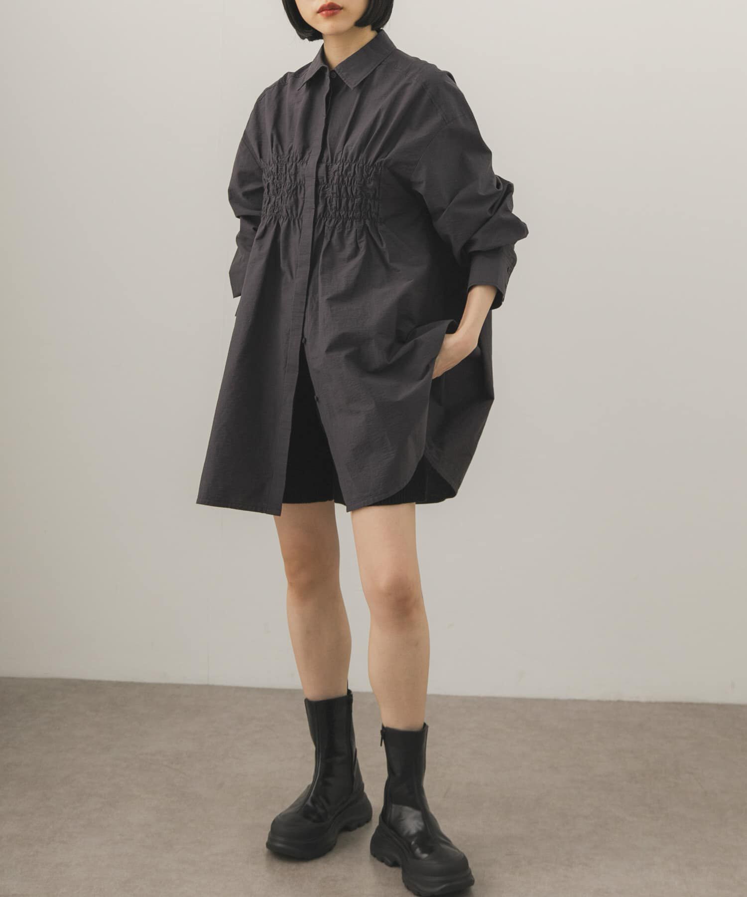  「フロントシャーリングシャツワンピース」|ワンピース|チャコールグレー