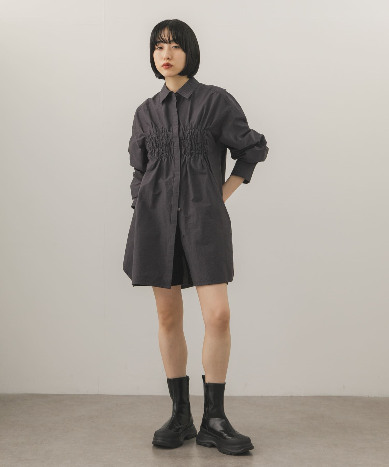  「フロントシャーリングシャツワンピース」|ワンピース|
