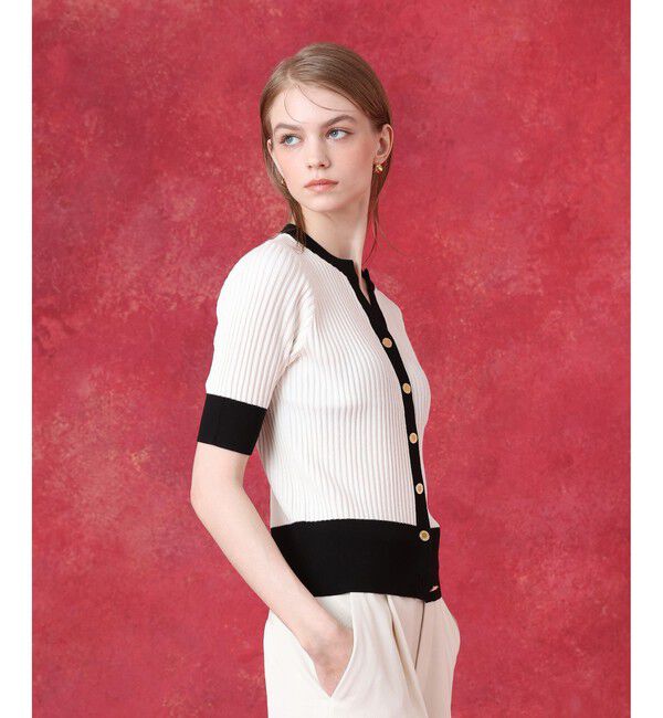 LOULOU WILLOUGHBY「◇バイカラーキーネック5分袖カーディガン」|カーディガン|