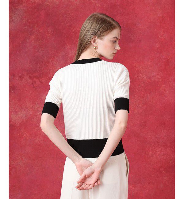 LOULOU WILLOUGHBY「◇バイカラーキーネック5分袖カーディガン」|カーディガン|