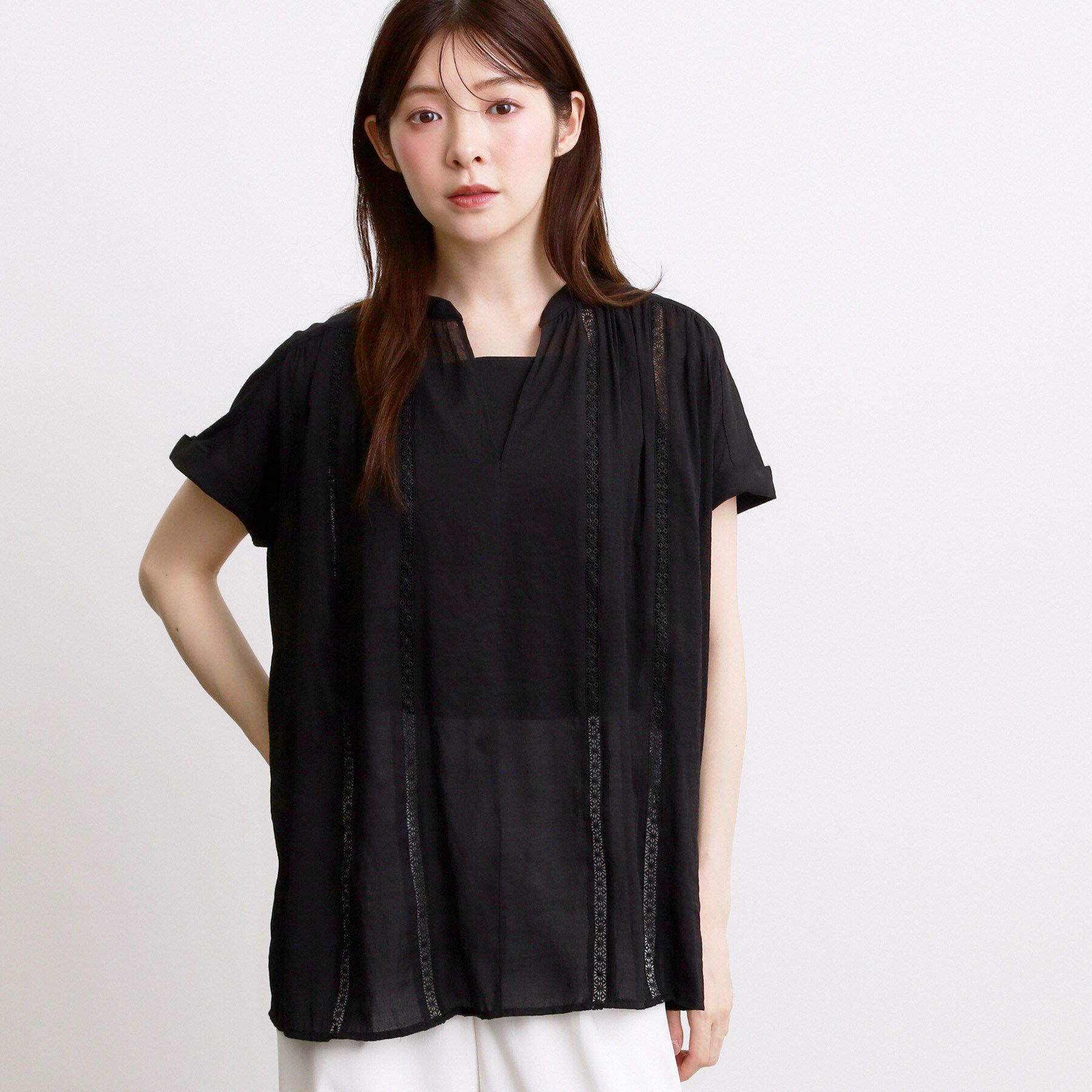 grove「【体系カバー◎】レースデザインスキッパーブラウス」|シャツ・ブラウス|ブラック(019)