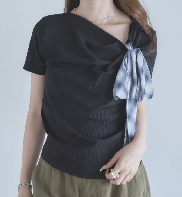archives「２ｗａｙチェックシフォンリボンドレープカットＴＯＰＳ」|Tシャツ・カットソー|BLACK