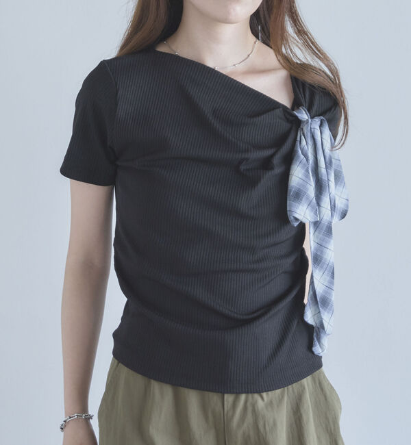 archives「２ｗａｙチェックシフォンリボンドレープカットＴＯＰＳ」|Tシャツ・カットソー|