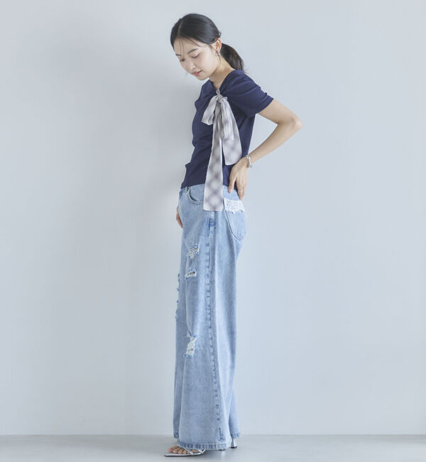 archives「２ｗａｙチェックシフォンリボンドレープカットＴＯＰＳ」|Tシャツ・カットソー|