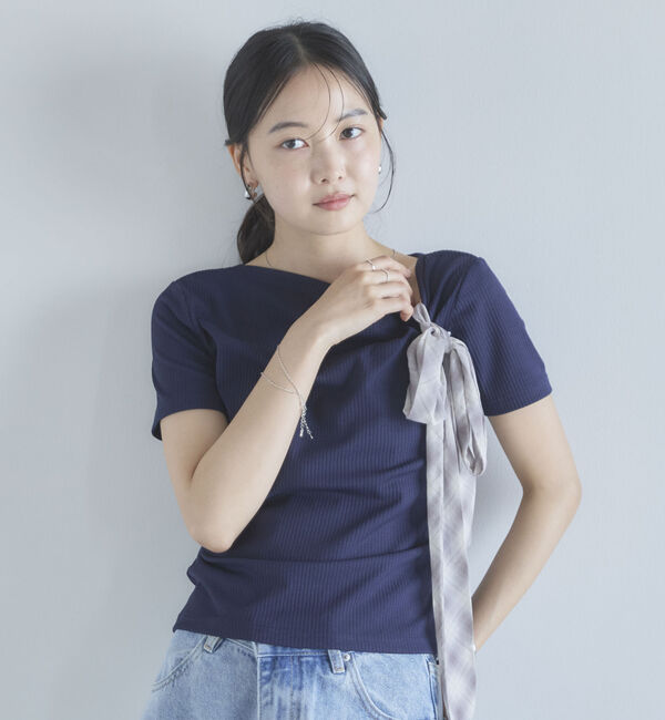 archives「２ｗａｙチェックシフォンリボンドレープカットＴＯＰＳ」|Tシャツ・カットソー|