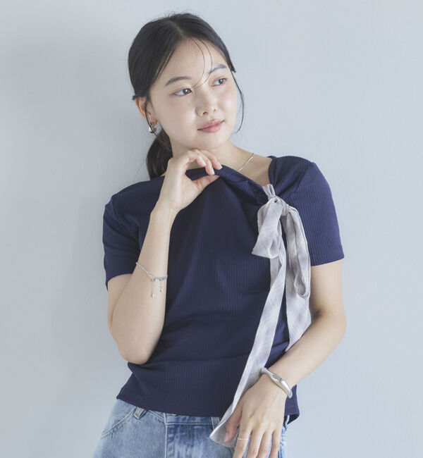 archives「２ｗａｙチェックシフォンリボンドレープカットＴＯＰＳ」|Tシャツ・カットソー|