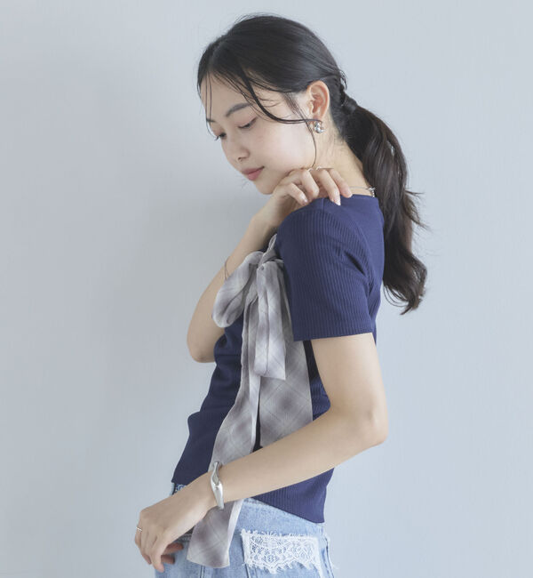 archives「２ｗａｙチェックシフォンリボンドレープカットＴＯＰＳ」|Tシャツ・カットソー|