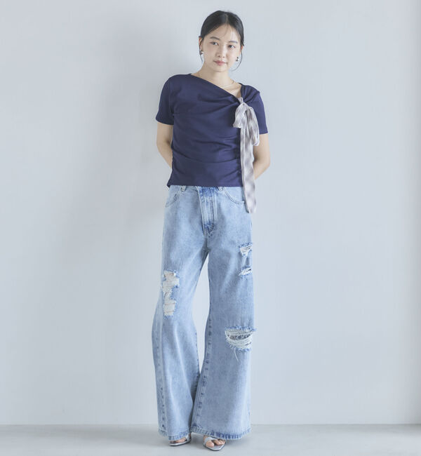 archives「２ｗａｙチェックシフォンリボンドレープカットＴＯＰＳ」|Tシャツ・カットソー|