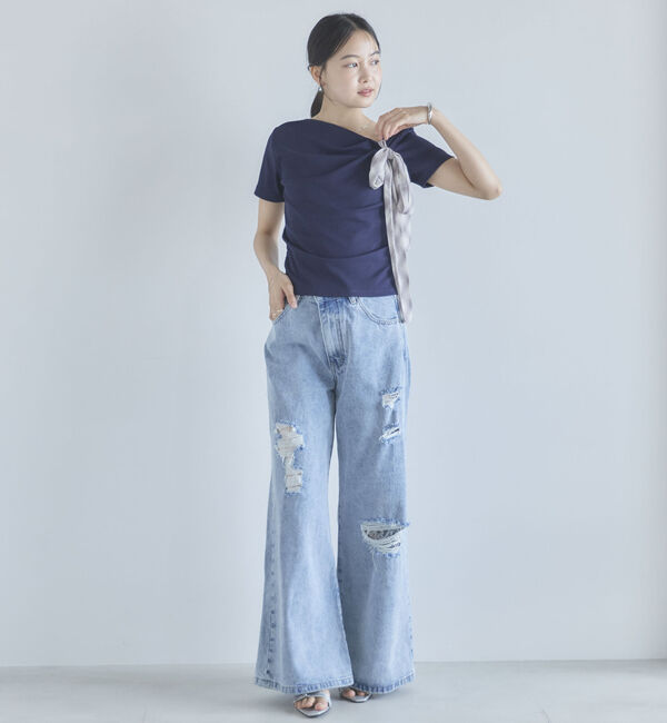 archives「２ｗａｙチェックシフォンリボンドレープカットＴＯＰＳ」|Tシャツ・カットソー|
