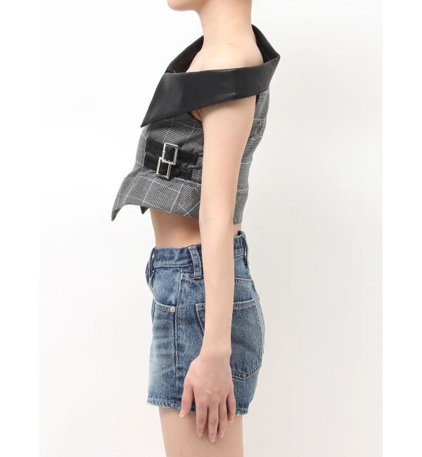 GYDA「ZIP designフェイクレザードッキングラメcheckブラウス」|シャツ・ブラウス|