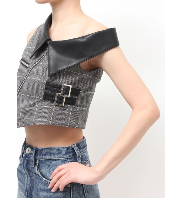 GYDA「ZIP designフェイクレザードッキングラメcheckブラウス」|シャツ・ブラウス|