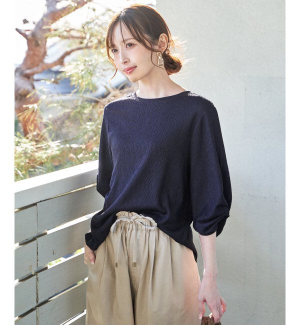 IKKA LOUNGE「ジャガードホイップスリーブプルオーバー」|Tシャツ・カットソー|ネイビーブルー