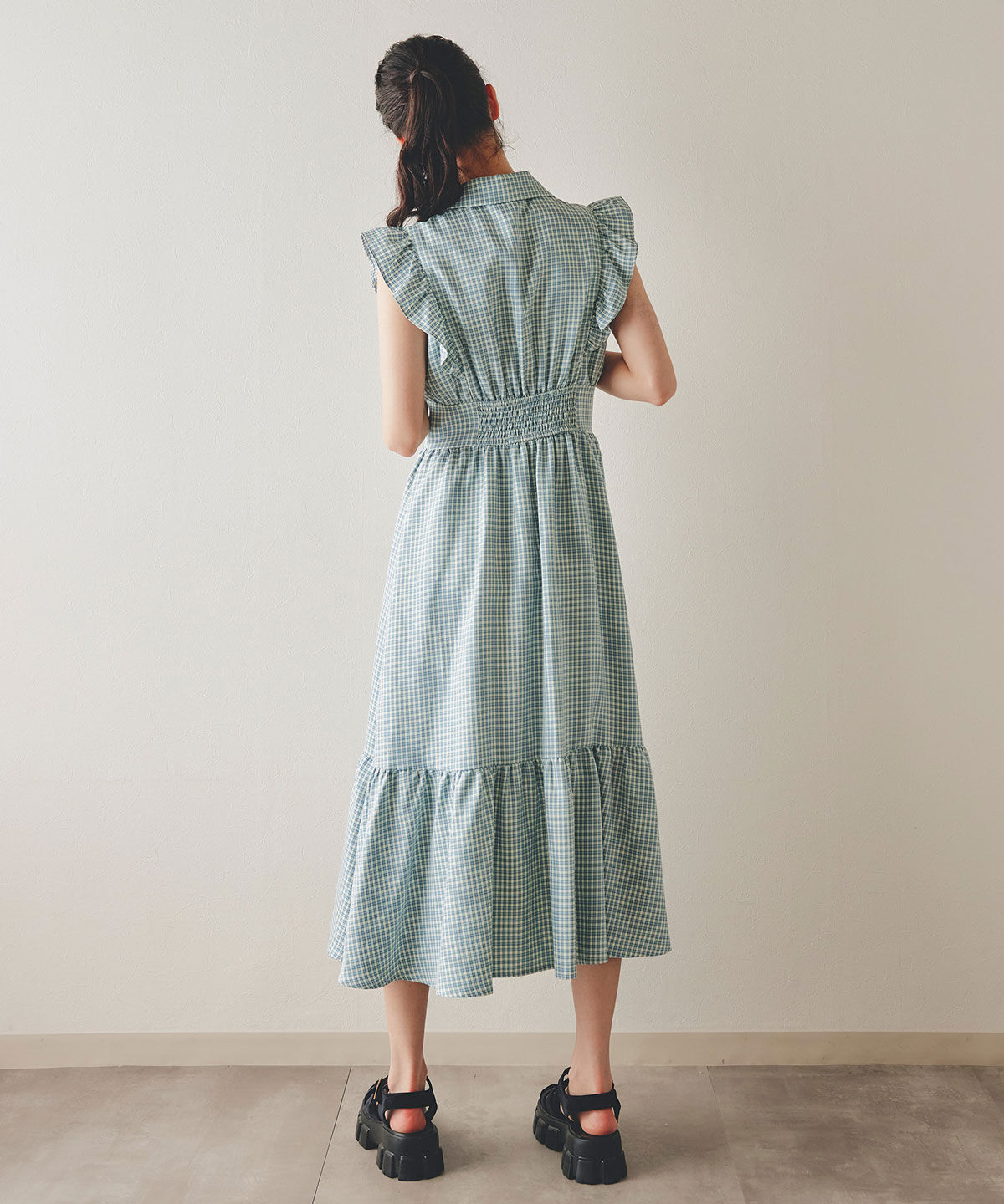 REDYAZEL「フリルフロントジップフレアロングワンピース」|ワンピース|