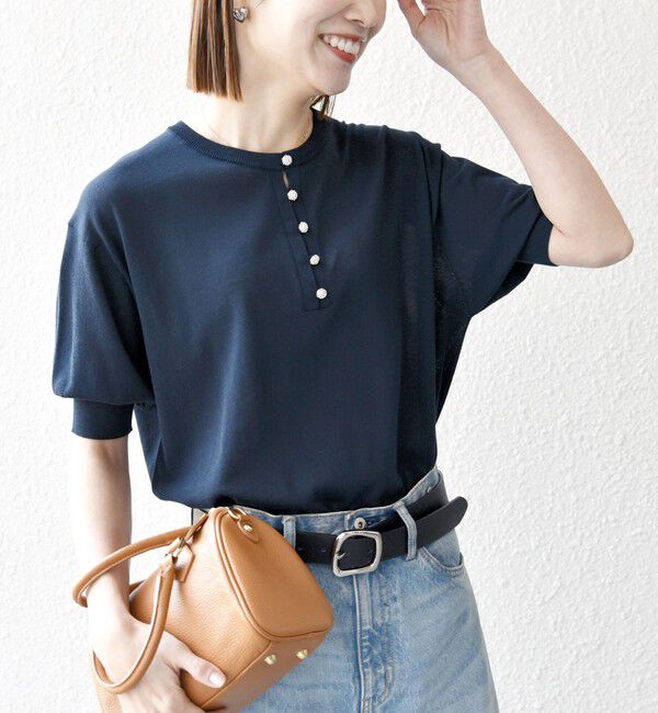 SHIPS any「SHIPS any:〈接触冷感/手洗い可能〉ビジュー ヘンリーネック ニット プルオーバー」|ニット・セーター|