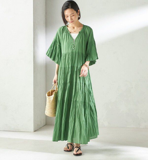 SHIPS for women「【SHIPS別注】Fanaka:〈手洗い可能〉クリンクル 袖 フレア ワンピース」|ワンピース|