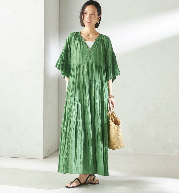 SHIPS for women「【SHIPS別注】Fanaka:〈手洗い可能〉クリンクル 袖 フレア ワンピース」|ワンピース|