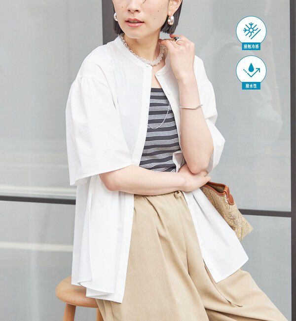 SHIPS for women「〈接触冷感 / 撥水加工〉TEXBRID(R) タフタ ショート スリーブ 羽織 シャツ」|シャツ・ブラウス|オフホワイト