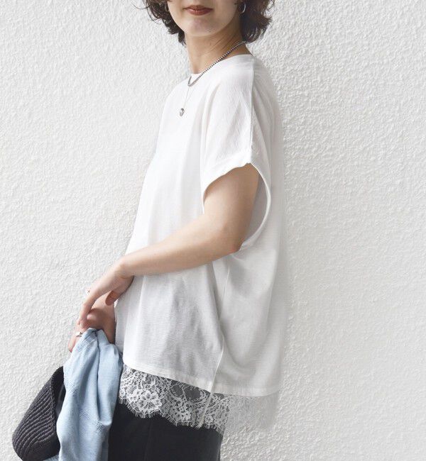 SHIPS for women「〈手洗い可能〉レース コンビ フレンチ スリーブ TEE」|Tシャツ・カットソー|