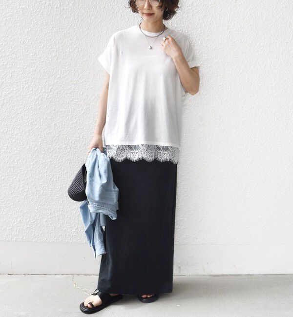 SHIPS for women「〈手洗い可能〉レース コンビ フレンチ スリーブ TEE」|Tシャツ・カットソー|