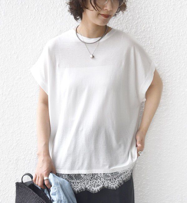 SHIPS for women「〈手洗い可能〉レース コンビ フレンチ スリーブ TEE」|Tシャツ・カットソー|