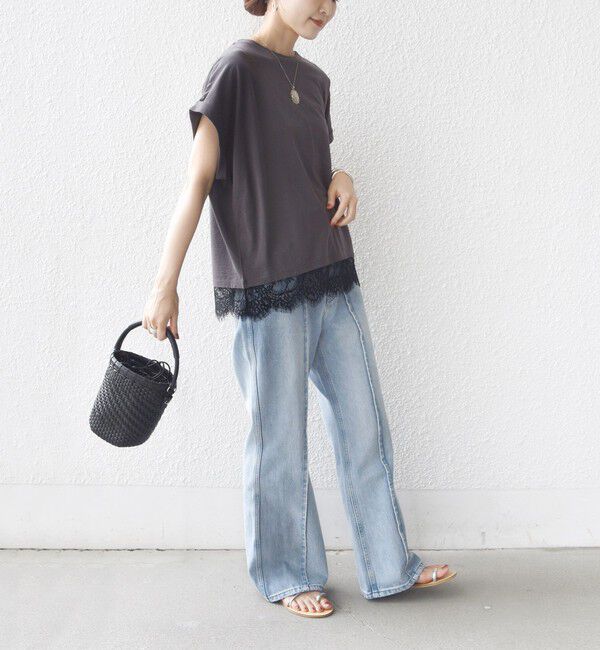 SHIPS for women「〈手洗い可能〉レース コンビ フレンチ スリーブ TEE」|Tシャツ・カットソー|