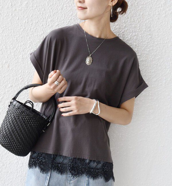 SHIPS for women「〈手洗い可能〉レース コンビ フレンチ スリーブ TEE」|Tシャツ・カットソー|