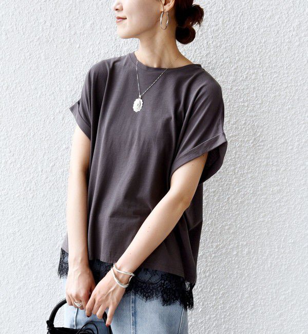 SHIPS for women「〈手洗い可能〉レース コンビ フレンチ スリーブ TEE」|Tシャツ・カットソー|