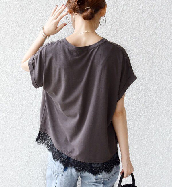 SHIPS for women「〈手洗い可能〉レース コンビ フレンチ スリーブ TEE」|Tシャツ・カットソー|