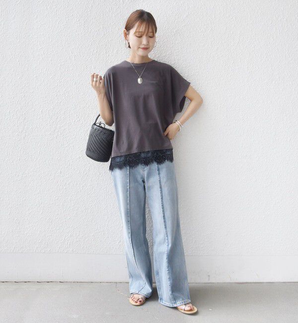 SHIPS for women「〈手洗い可能〉レース コンビ フレンチ スリーブ TEE」|Tシャツ・カットソー|