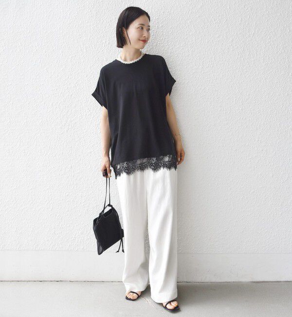SHIPS for women「〈手洗い可能〉レース コンビ フレンチ スリーブ TEE」|Tシャツ・カットソー|