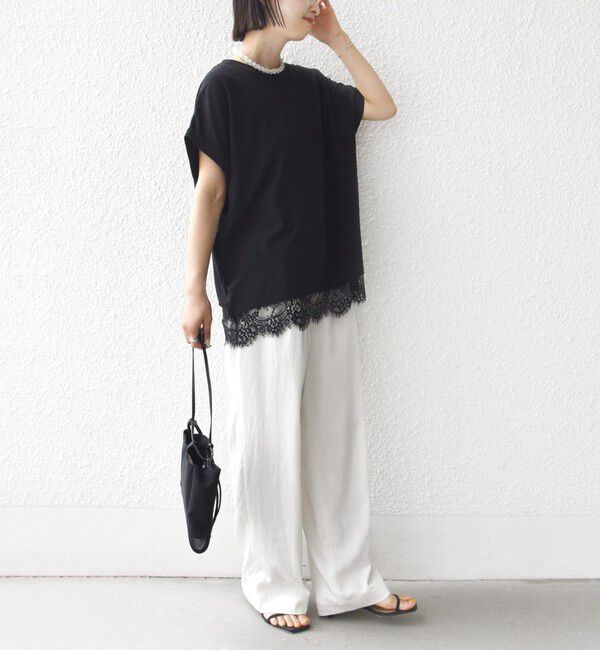 SHIPS for women「〈手洗い可能〉レース コンビ フレンチ スリーブ TEE」|Tシャツ・カットソー|