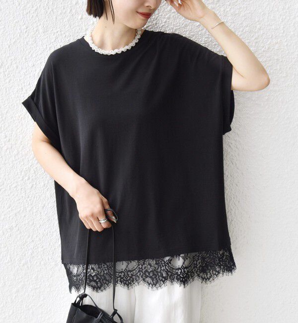SHIPS for women「〈手洗い可能〉レース コンビ フレンチ スリーブ TEE」|Tシャツ・カットソー|