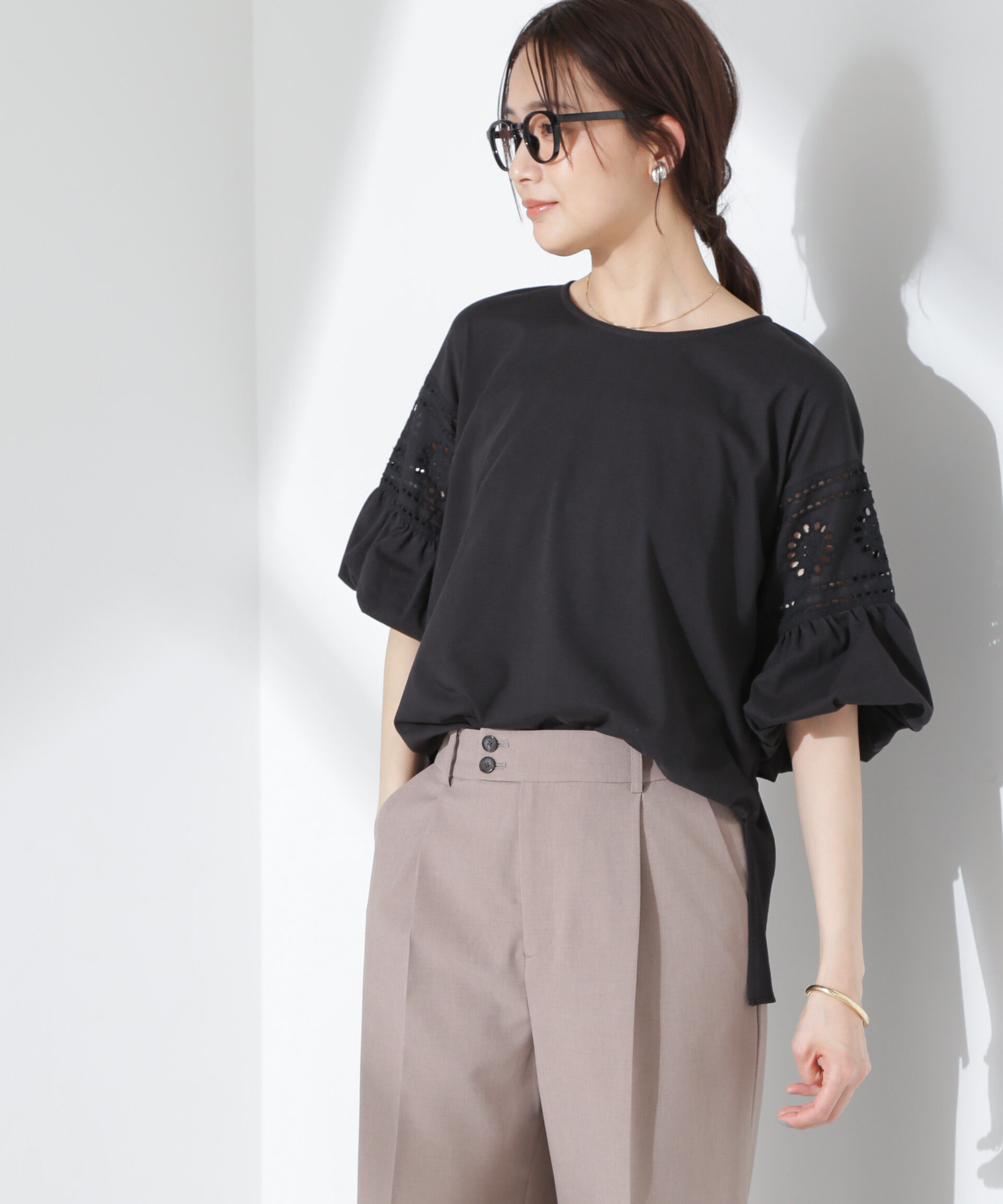 NANO universe「お花柄レース切替バルーンスリーブカットトップス」|Tシャツ・カットソー|