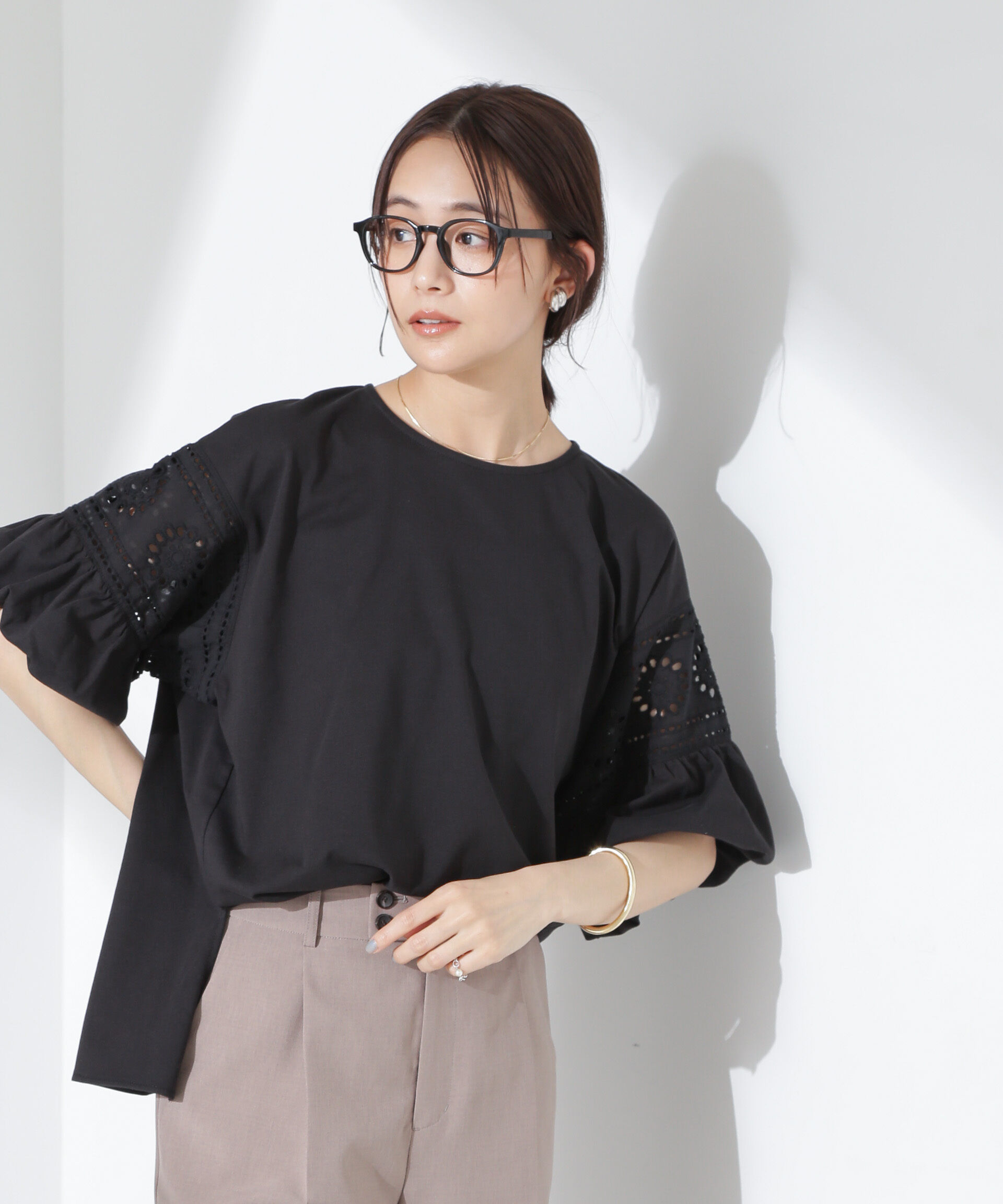 NANO universe「お花柄レース切替バルーンスリーブカットトップス」|Tシャツ・カットソー|