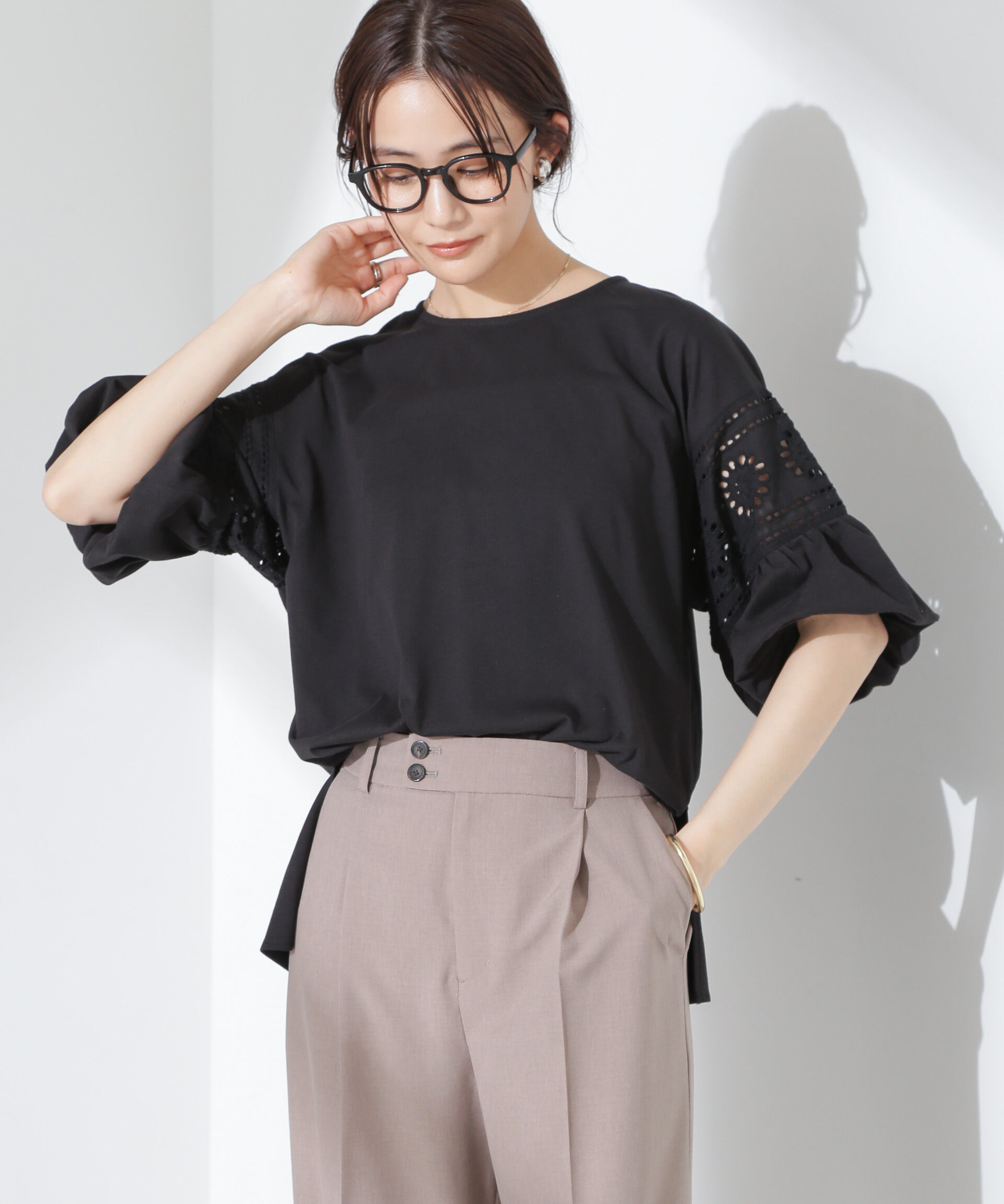 NANO universe「お花柄レース切替バルーンスリーブカットトップス」|Tシャツ・カットソー|