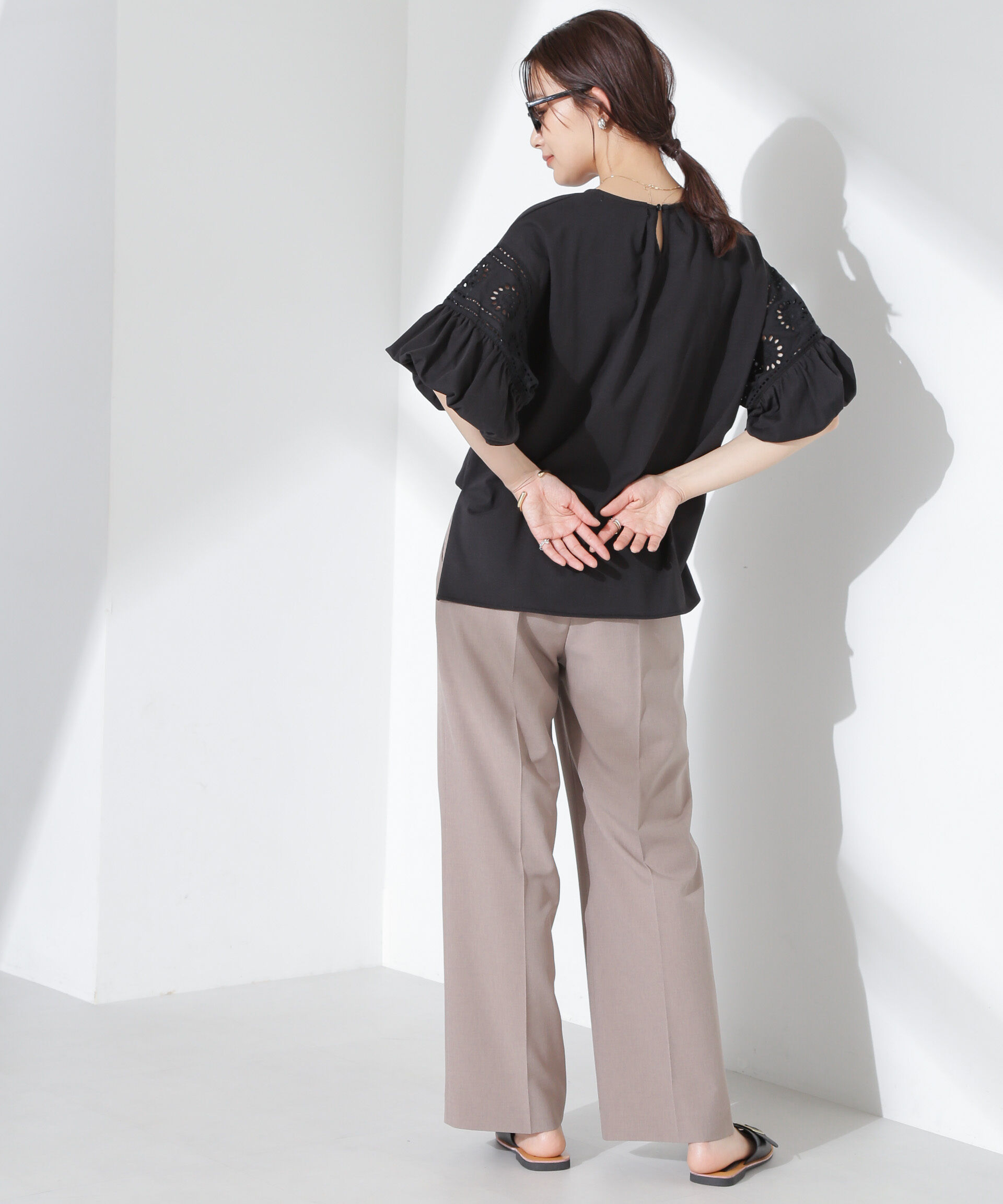 NANO universe「お花柄レース切替バルーンスリーブカットトップス」|Tシャツ・カットソー|