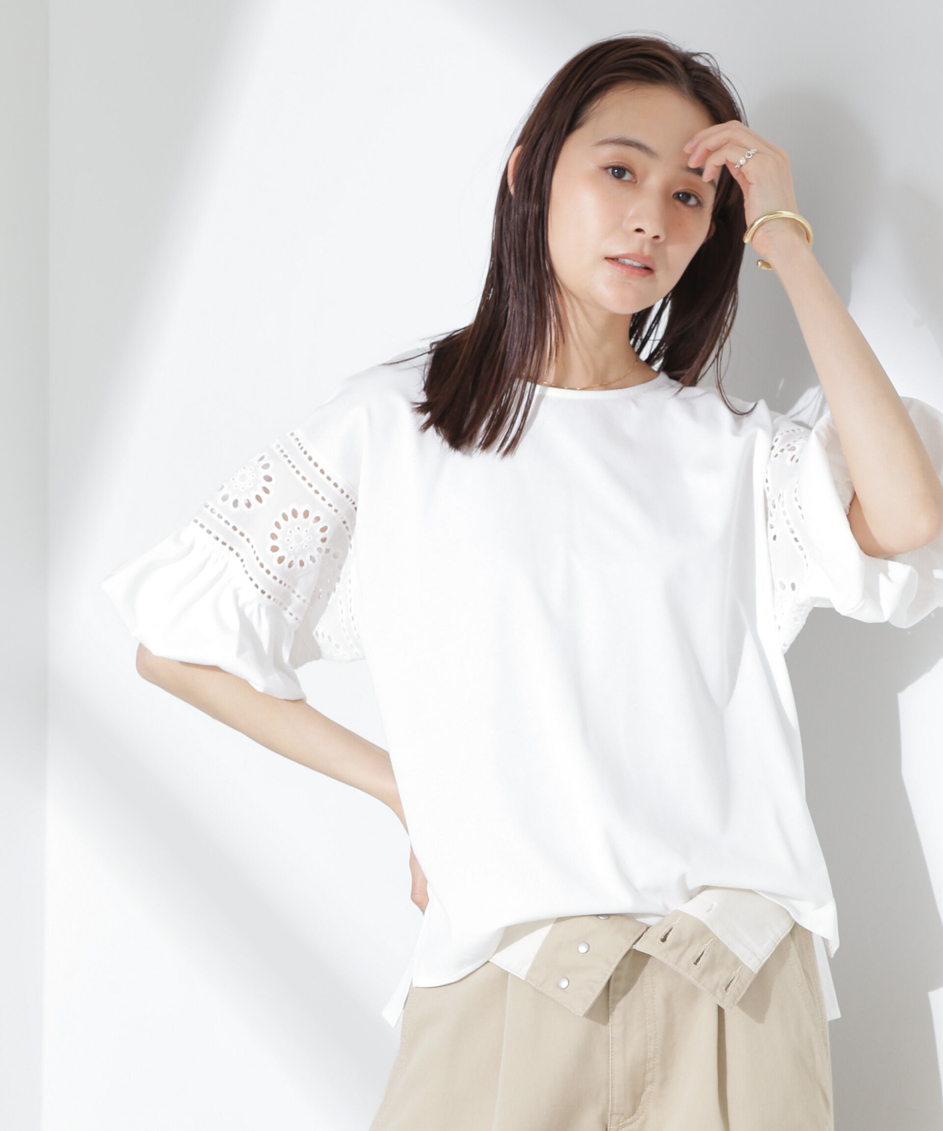 NANO universe「お花柄レース切替バルーンスリーブカットトップス」|Tシャツ・カットソー|ホワイト