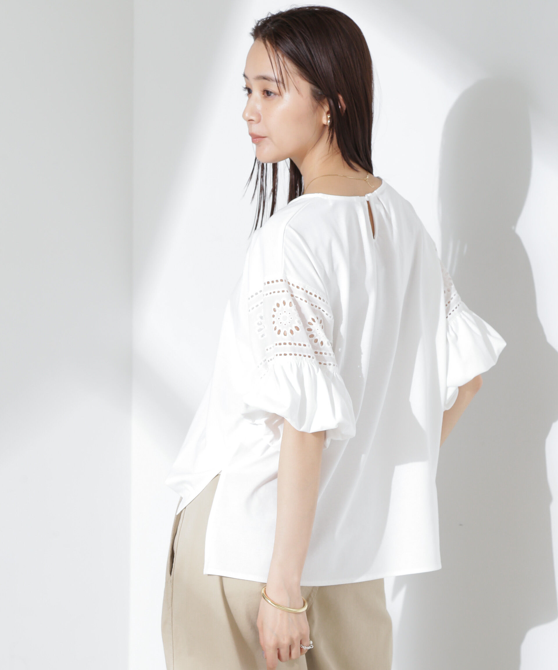 NANO universe「お花柄レース切替バルーンスリーブカットトップス」|Tシャツ・カットソー|