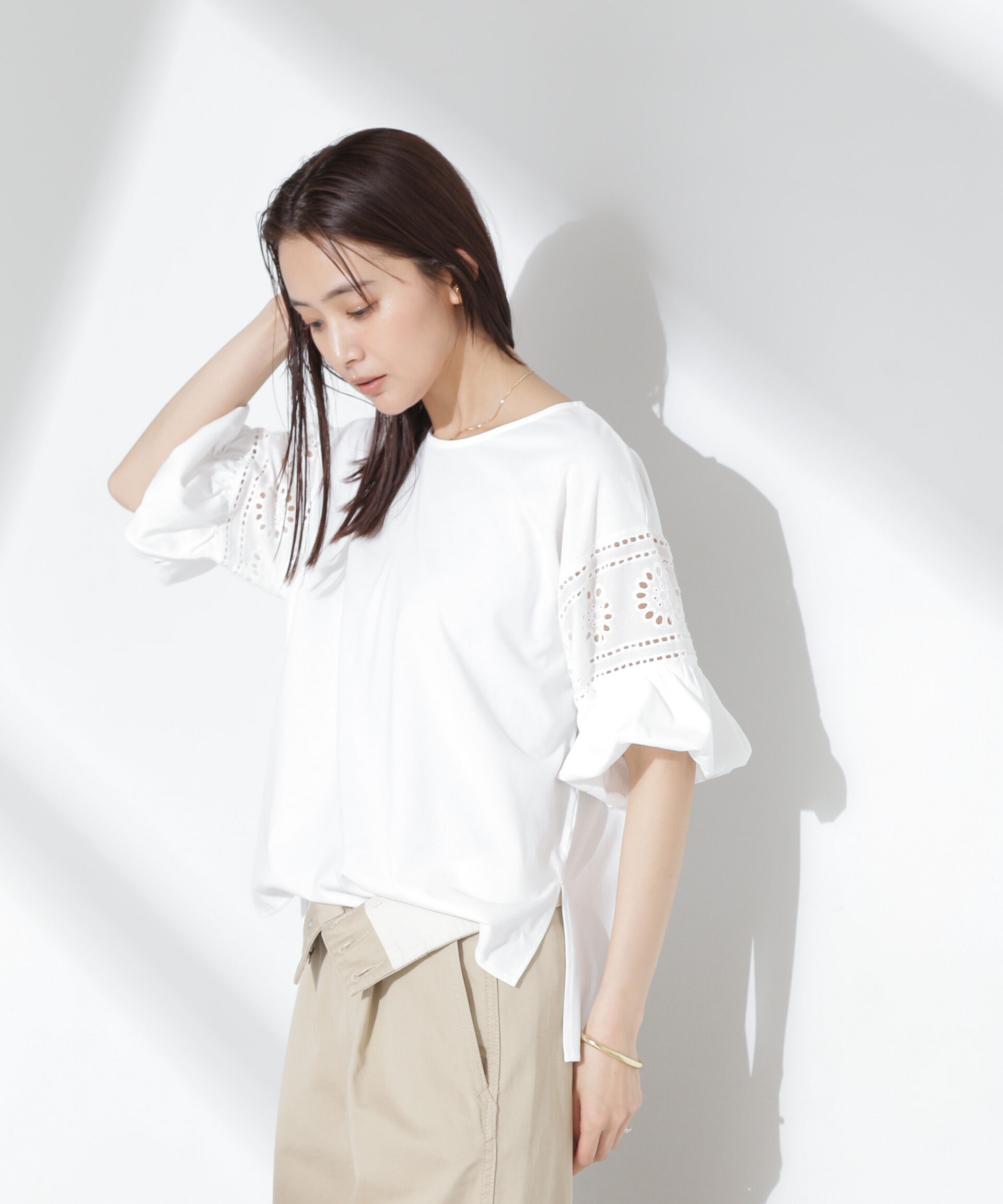 NANO universe「お花柄レース切替バルーンスリーブカットトップス」|Tシャツ・カットソー|