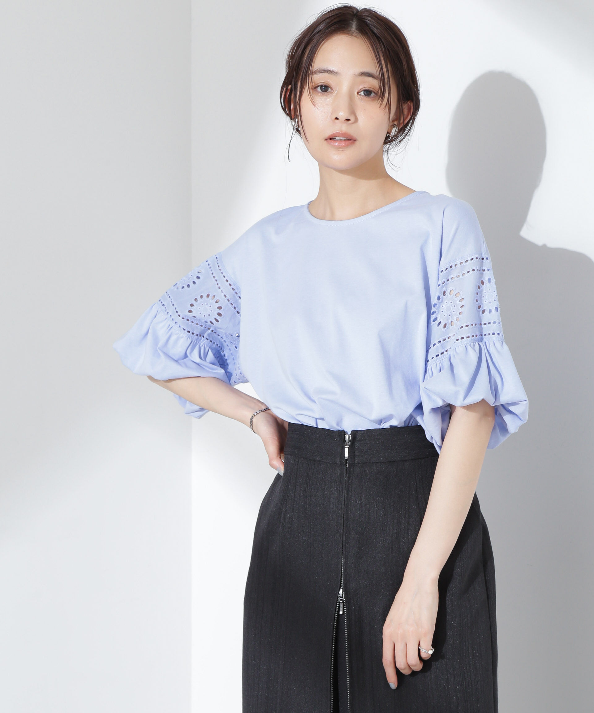 NANO universe「お花柄レース切替バルーンスリーブカットトップス」|Tシャツ・カットソー|
