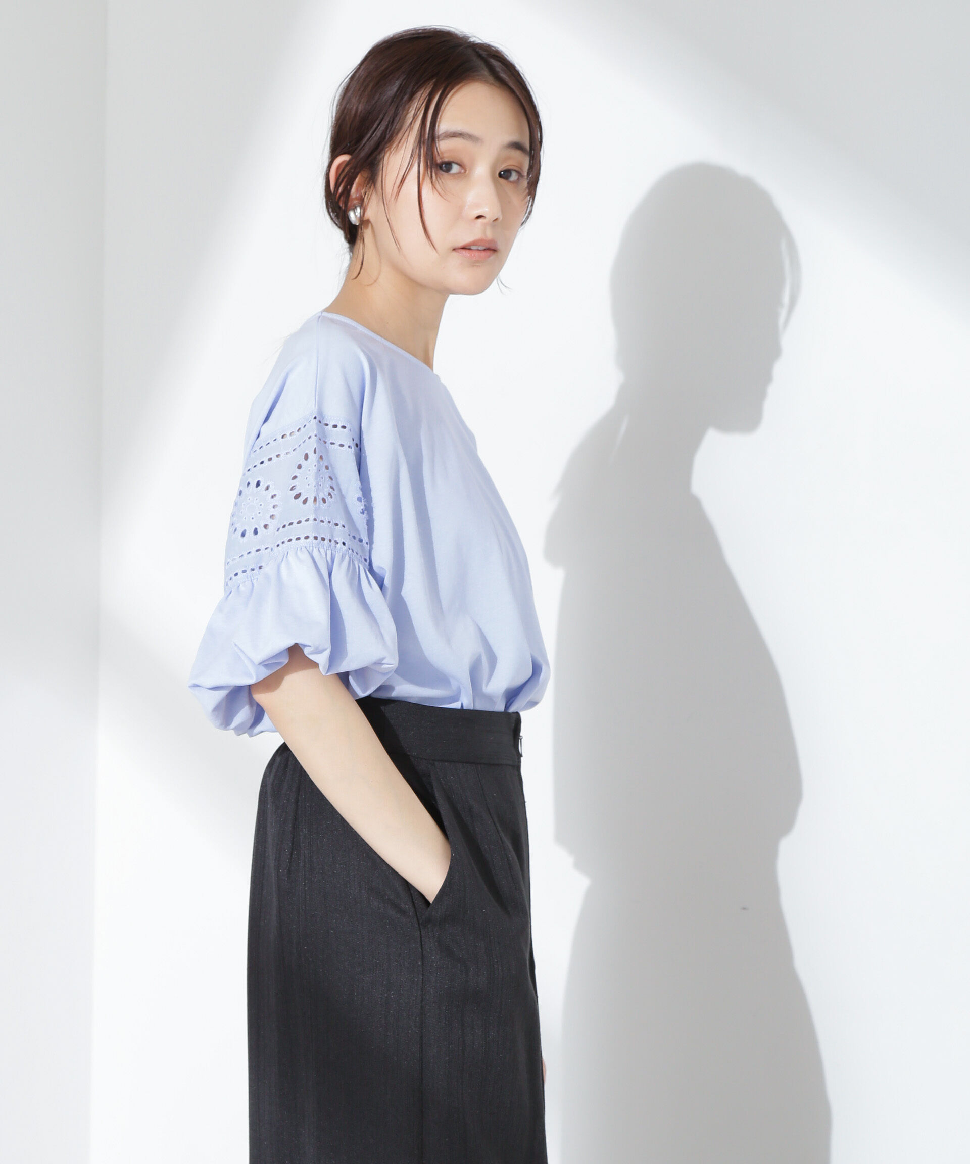 NANO universe「お花柄レース切替バルーンスリーブカットトップス」|Tシャツ・カットソー|