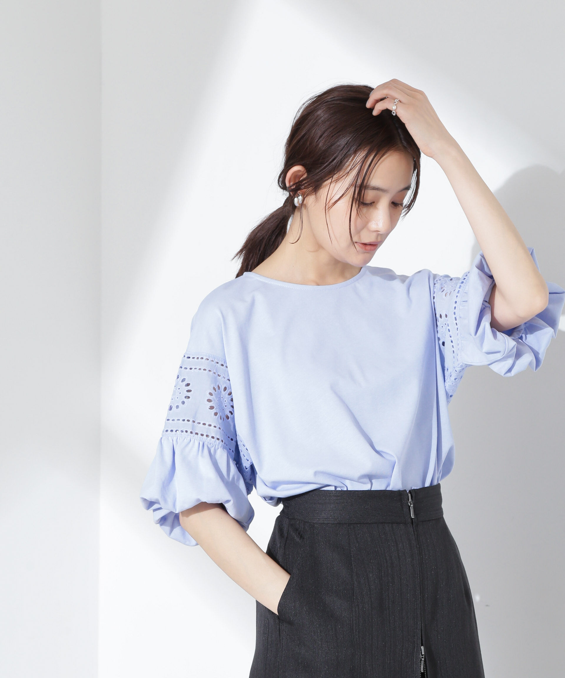 NANO universe「お花柄レース切替バルーンスリーブカットトップス」|Tシャツ・カットソー|