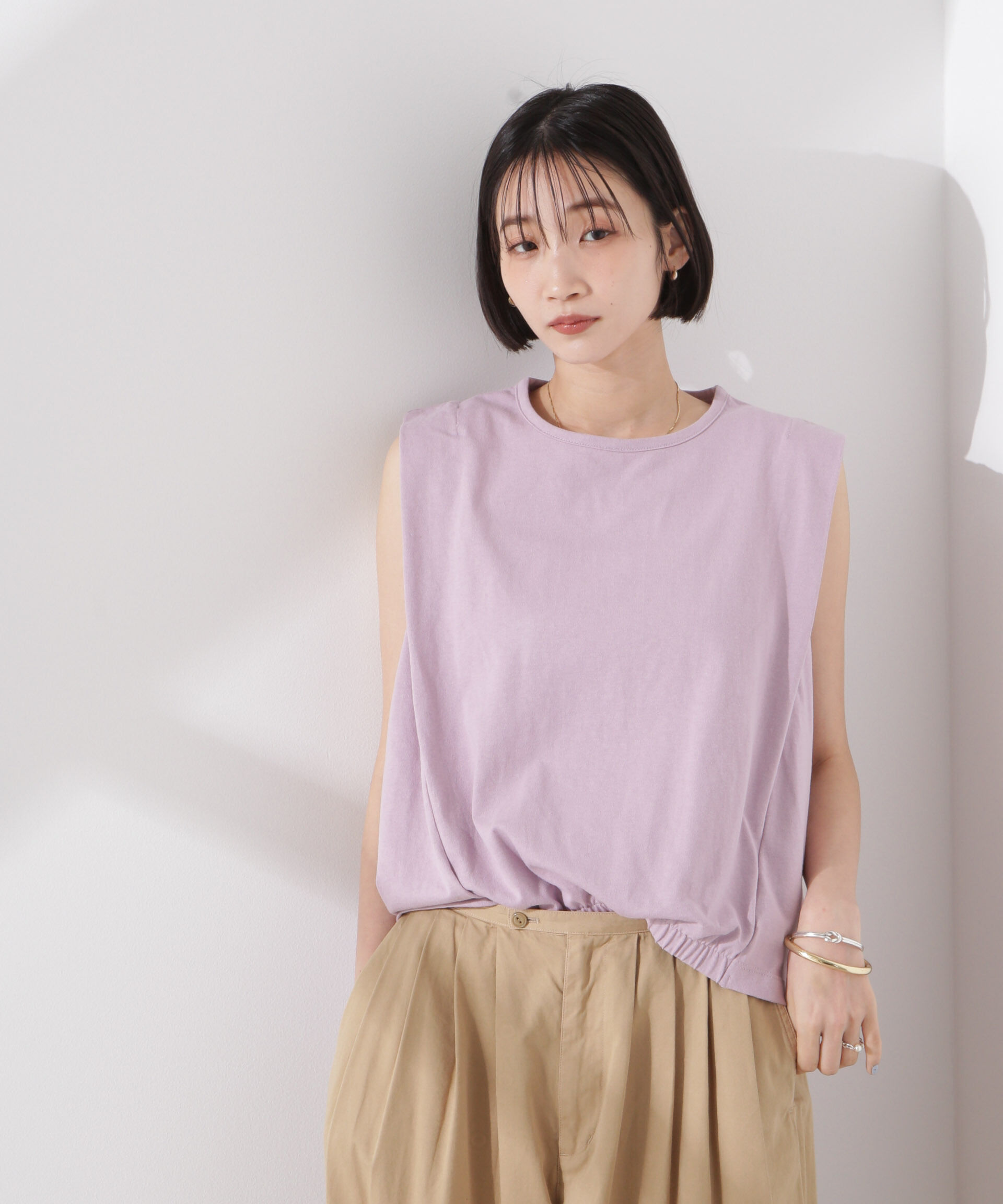nano･universe「ドライタッチ天竺フロントギャザーヘムノースリーブトップス」|Tシャツ・カットソー|