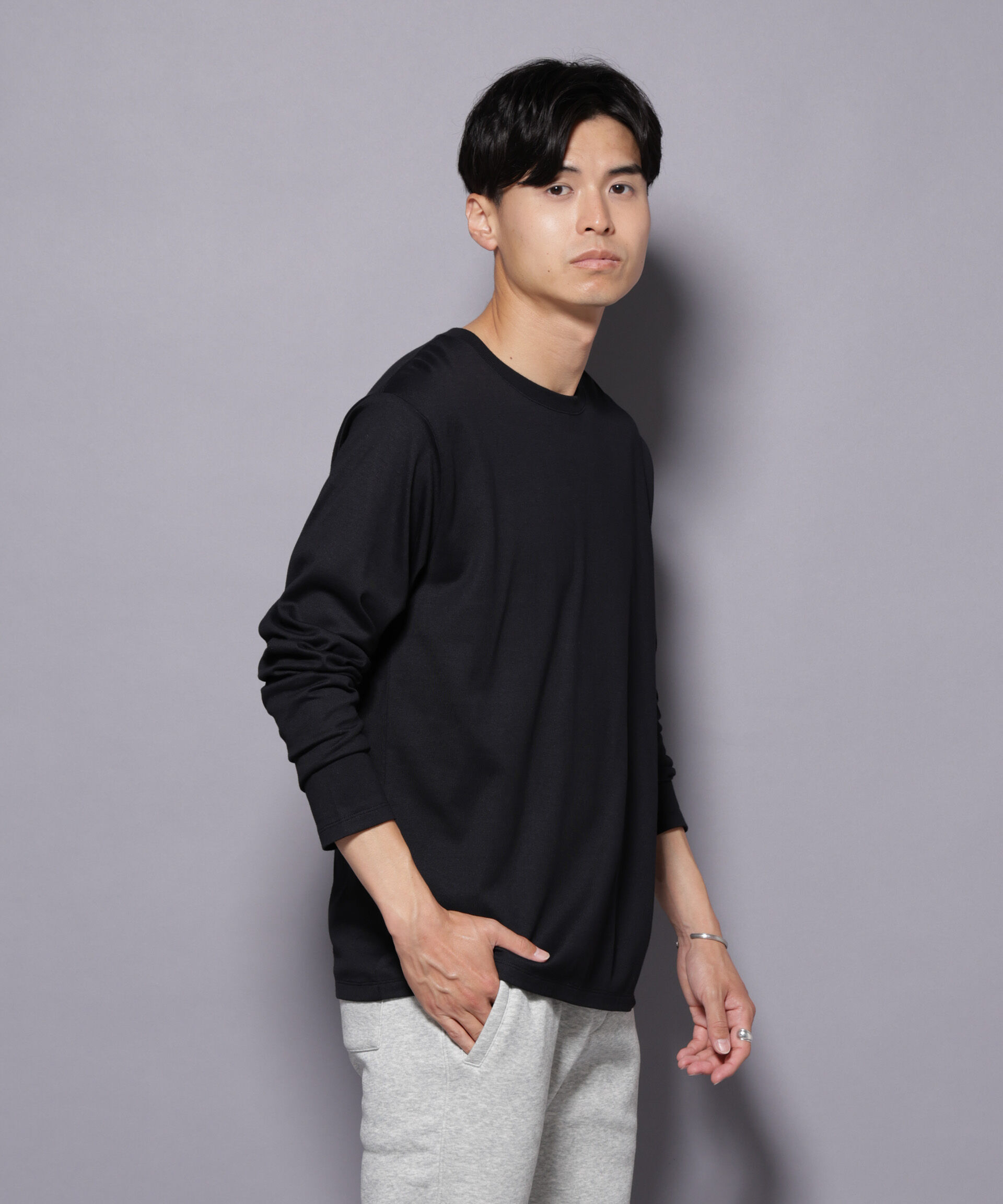 NANO universe「Anti Soaked(R)汗染み防止 クルーネックTシャツ 長袖」|Tシャツ・カットソー|ブラック