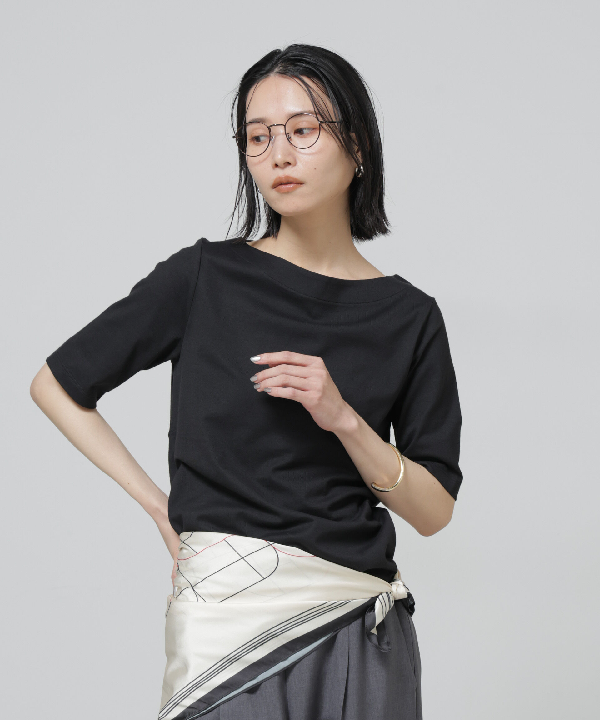 NANO universe「〈追加〉Anti Soaked(R) 汗染み防止ボートネックTシャツ」|Tシャツ・カットソー|ブラック